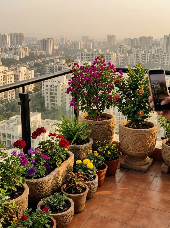 Stone planters on Nisha Rao's terrace garden, Pune
