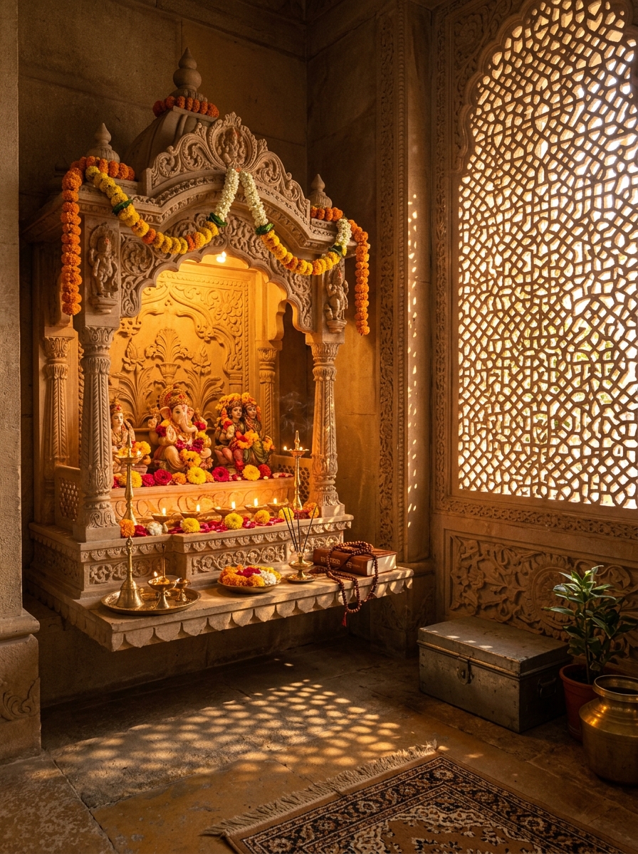 A serene Indian home prayer corner at golden hour